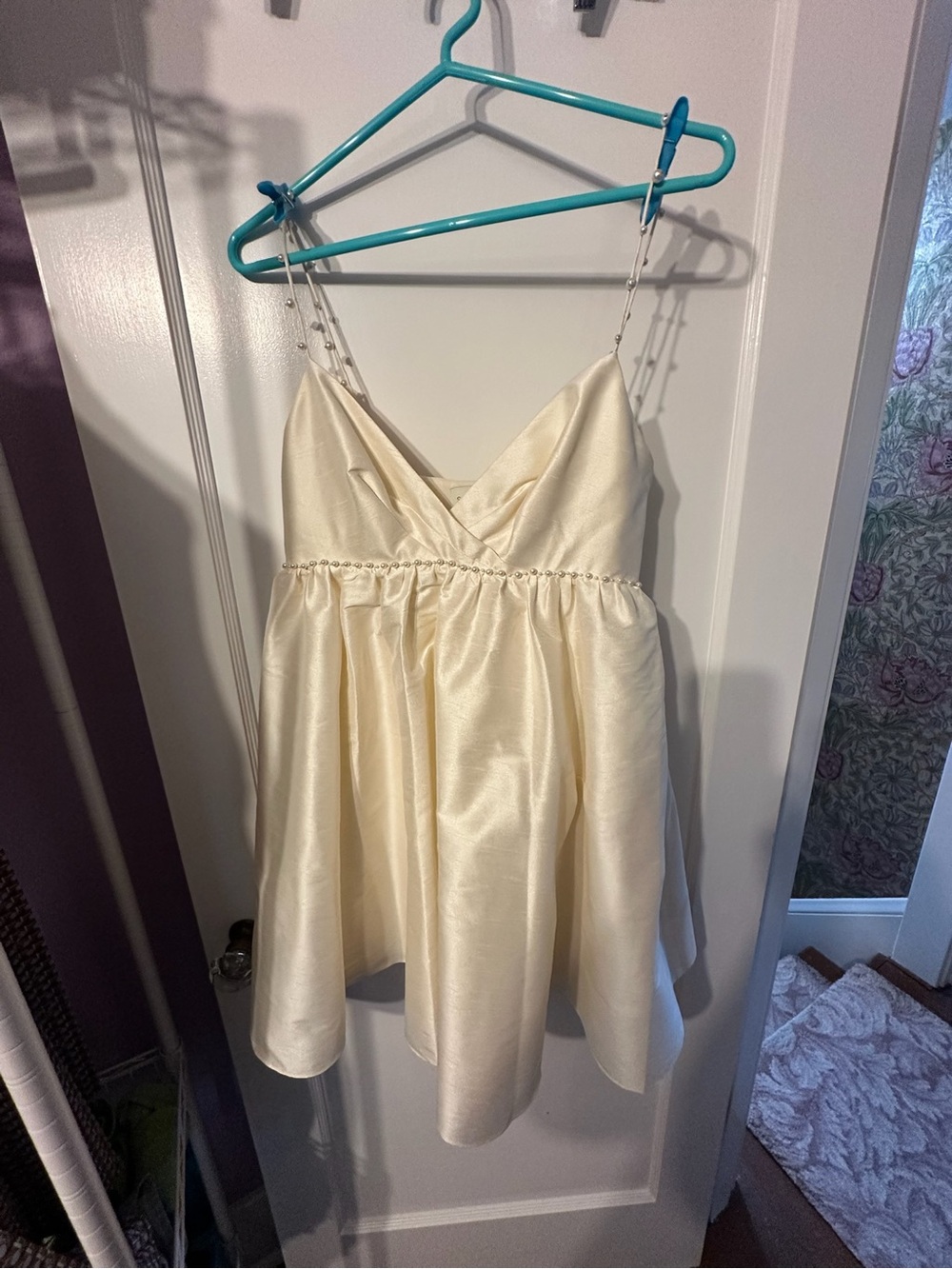 Sachin + Babi Ivory Satin Pearl-Trim Cocktail Dress
